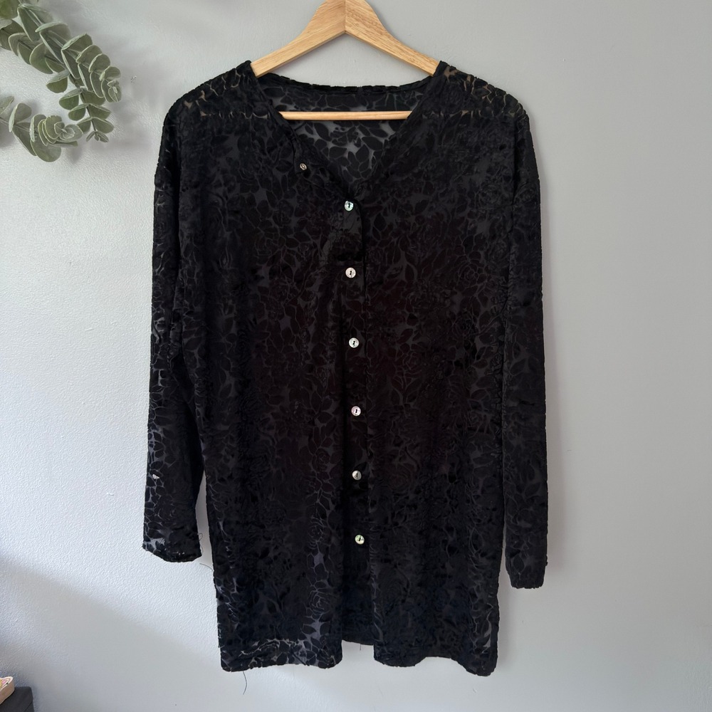 Vtg Black Blouse Burnout Velvet Whimsigoth Witchy Floral Sheer Button Tunic L